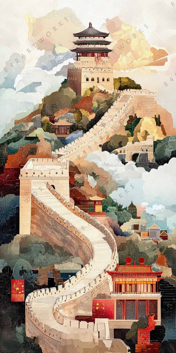 "Colorful digital painting of a twisting Great Wall and pagoda under a cloudy sky."