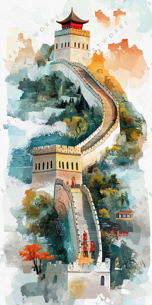 Digital painting of the Great Wall of China in vibrant autumn hues.