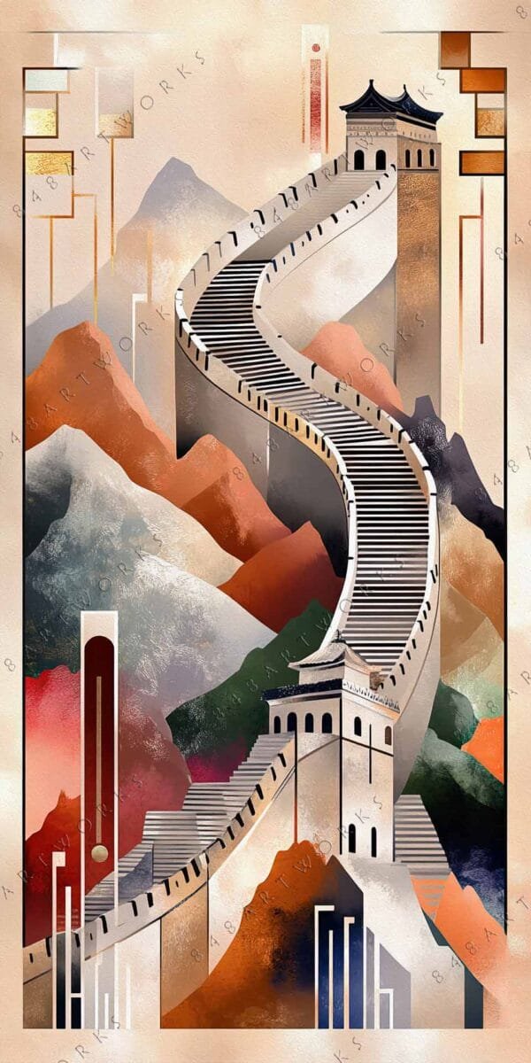 Abstract digital art of the Great Wall with geometric shapes in earthy tones.