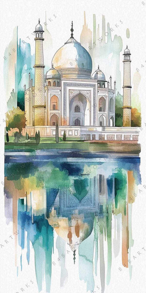 "Watercolor painting of the Taj Mahal with reflections in blue and green tones."