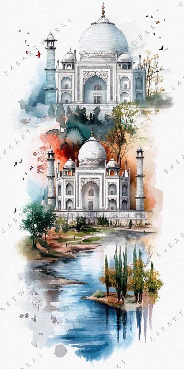 Watercolor painting of the Taj Mahal with colorful trees and reflective water.