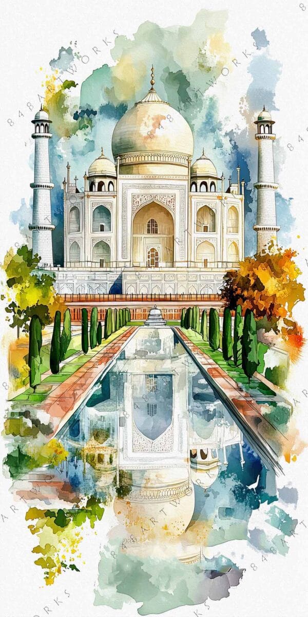 "Watercolor painting of the Taj Mahal with surrounding gardens and reflection in foreground."