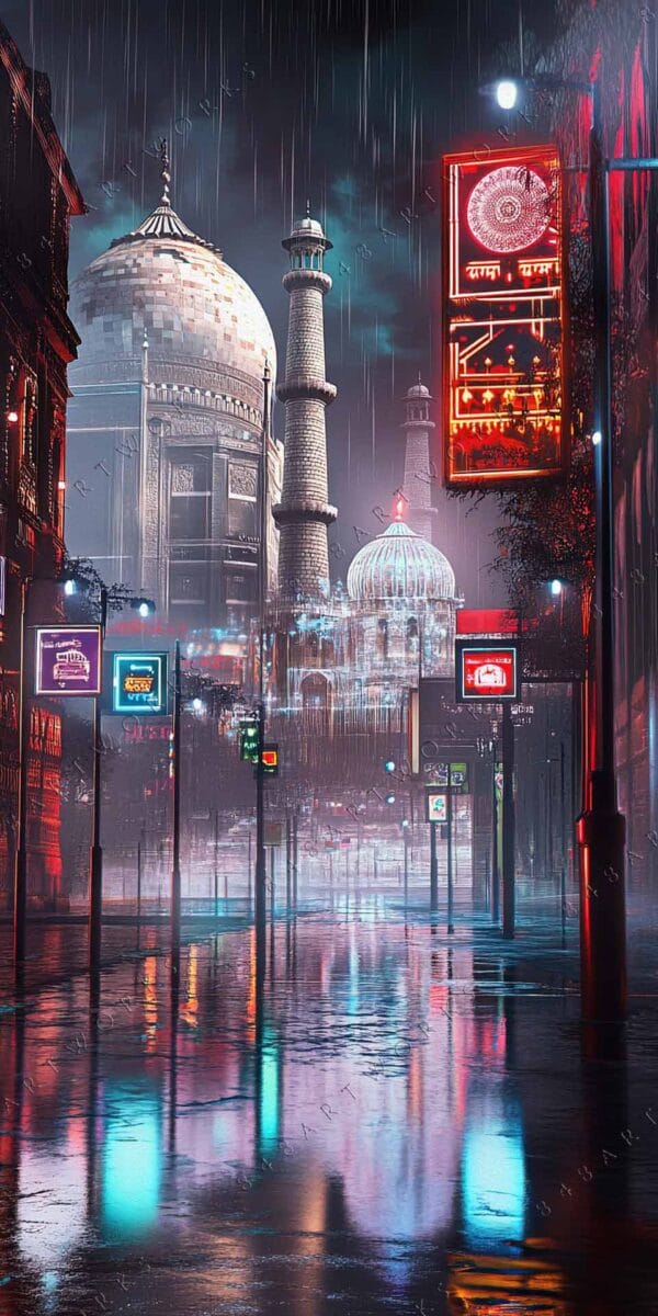 Futuristic digital art depicting rainy urban street with neon signs and historical architecture.