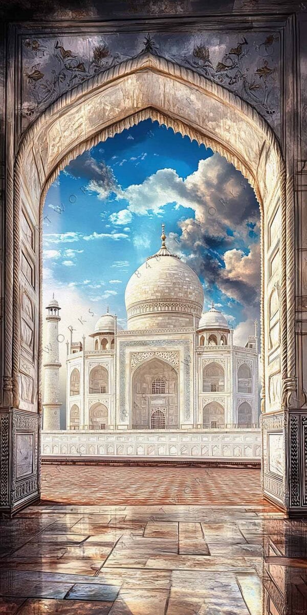 Digital painting of the Taj Mahal framed by a richly decorated archway.