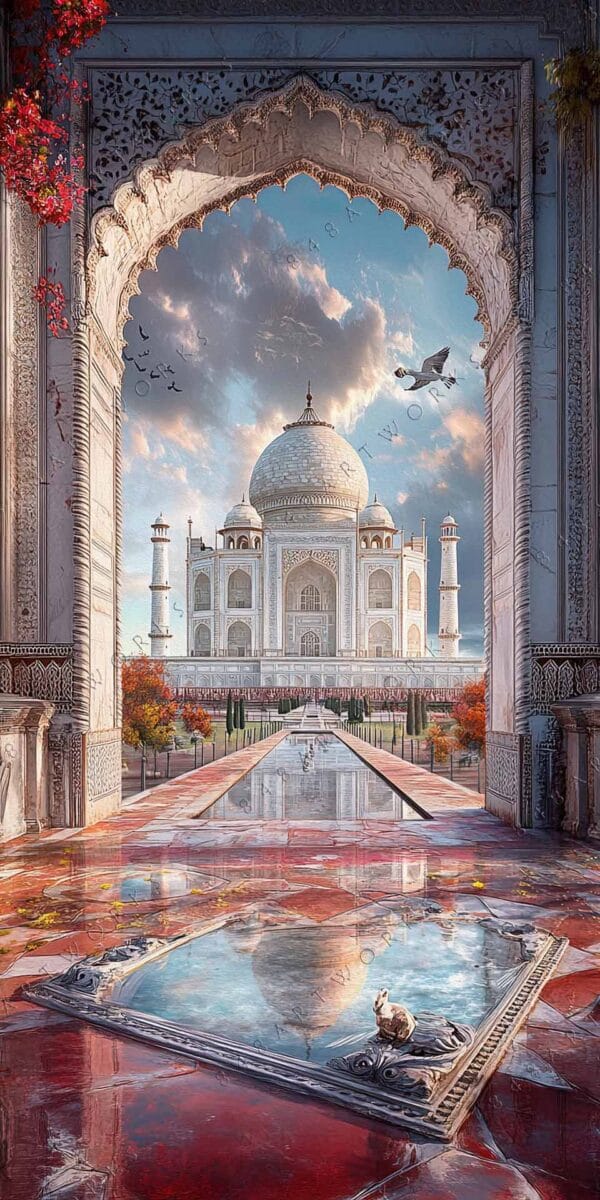 Digital painting of the Taj Mahal through ornate archway, with vibrant reflections and sky.