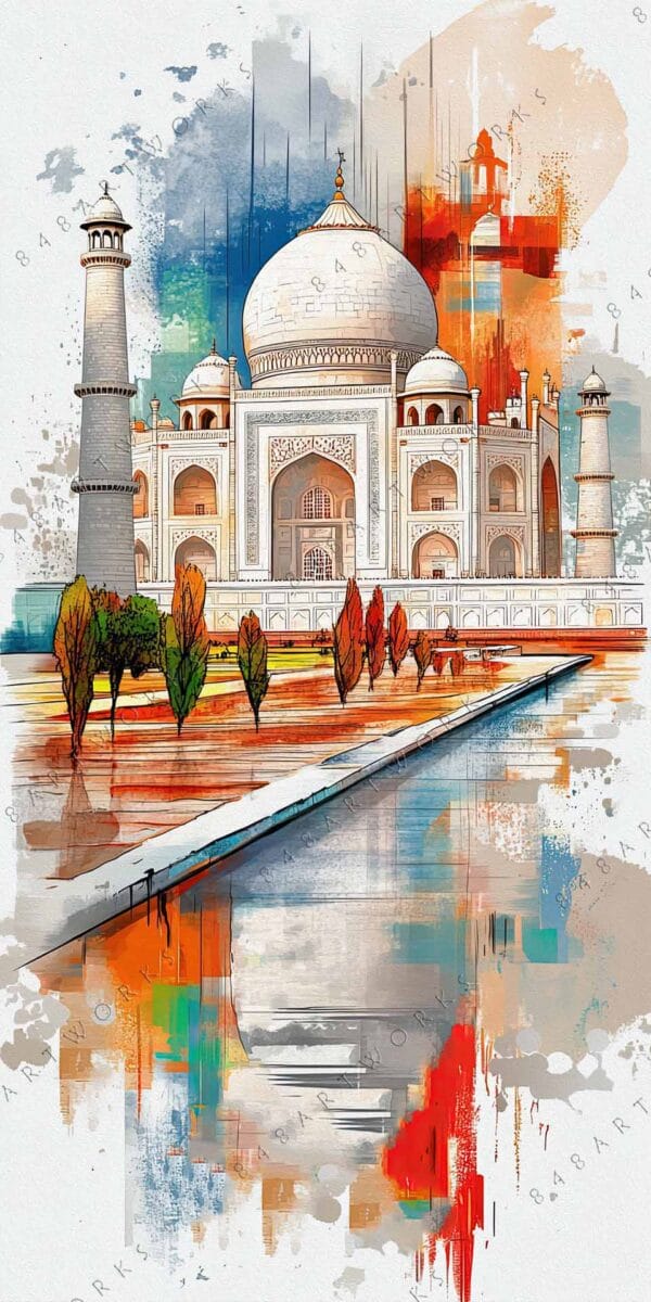"Abstract digital painting of the Taj Mahal with vibrant splashes of orange and blue."