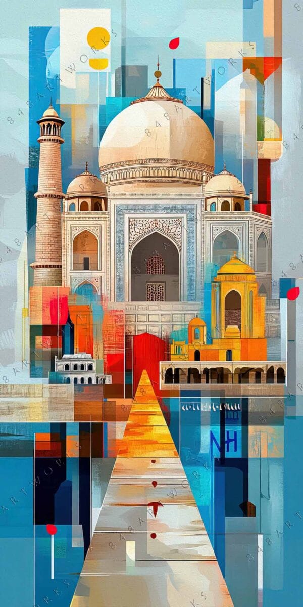 "Abstract digital artwork of Taj Mahal with geometric shapes in vibrant blue and orange."