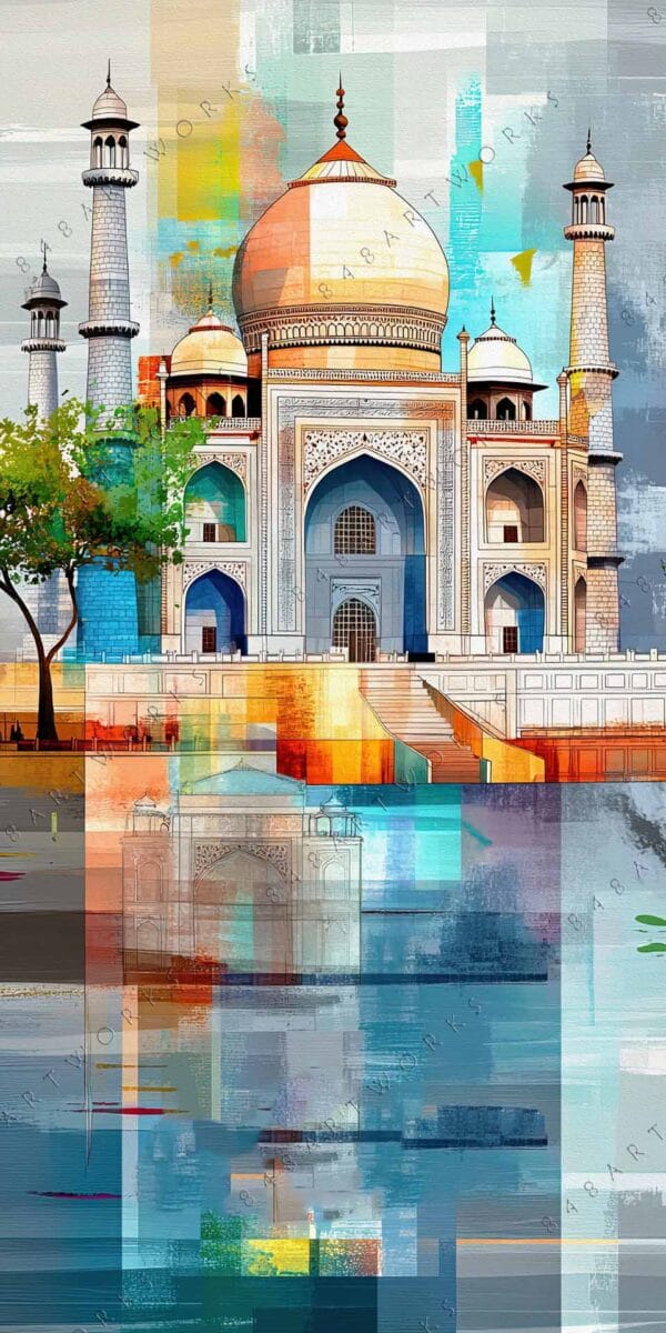 Abstract digital art of iconic architecture with vibrant blue, orange, and green geometric overlays.