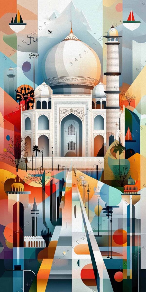 "Geometric digital art of the Taj Mahal with vibrant orange and blue abstract elements."