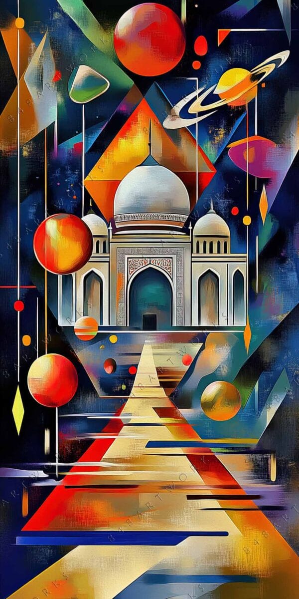 "Abstract digital art of Taj Mahal surrounded by vibrant geometric shapes and planets."