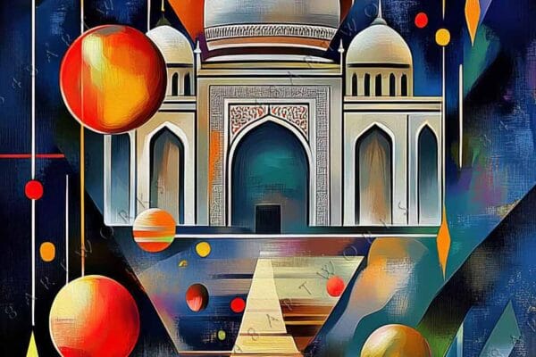 "Abstract digital art of Taj Mahal surrounded by vibrant geometric shapes and planets."