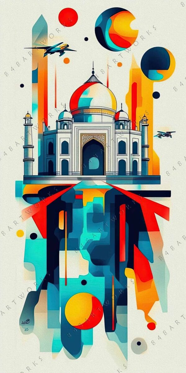 "Futuristic digital artwork of a geometric Taj Mahal in vibrant red, blue, yellow tones."