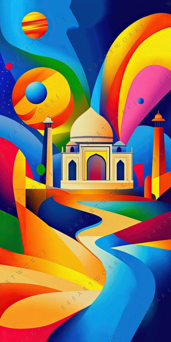 "Vibrant digital painting of Taj Mahal with swirling abstract shapes and vivid colors."