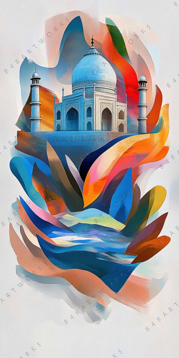 "Abstract digital artwork of Taj Mahal with vibrant swirling colors."