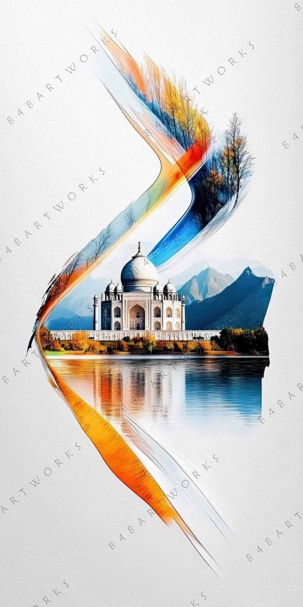 Digital artwork of Taj Mahal with abstract colorful ribbon and tree silhouettes.