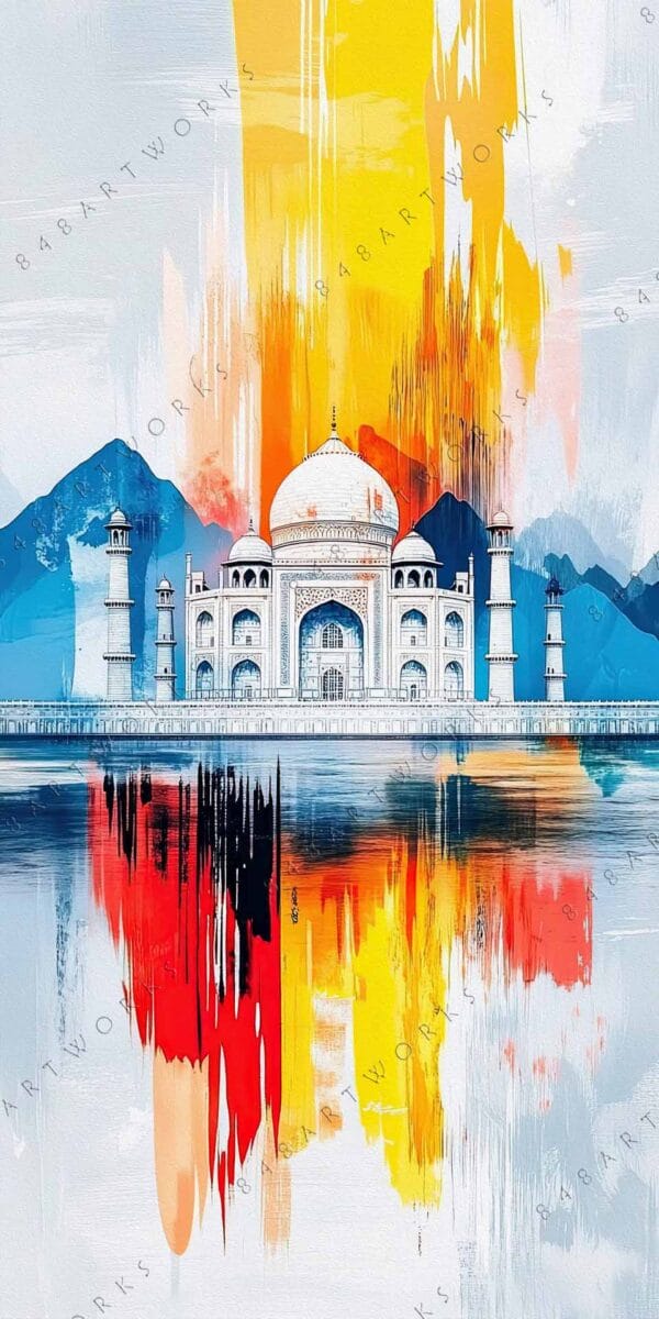 "Abstract digital painting of Taj Mahal with vivid blue, yellow, and red brushstrokes."