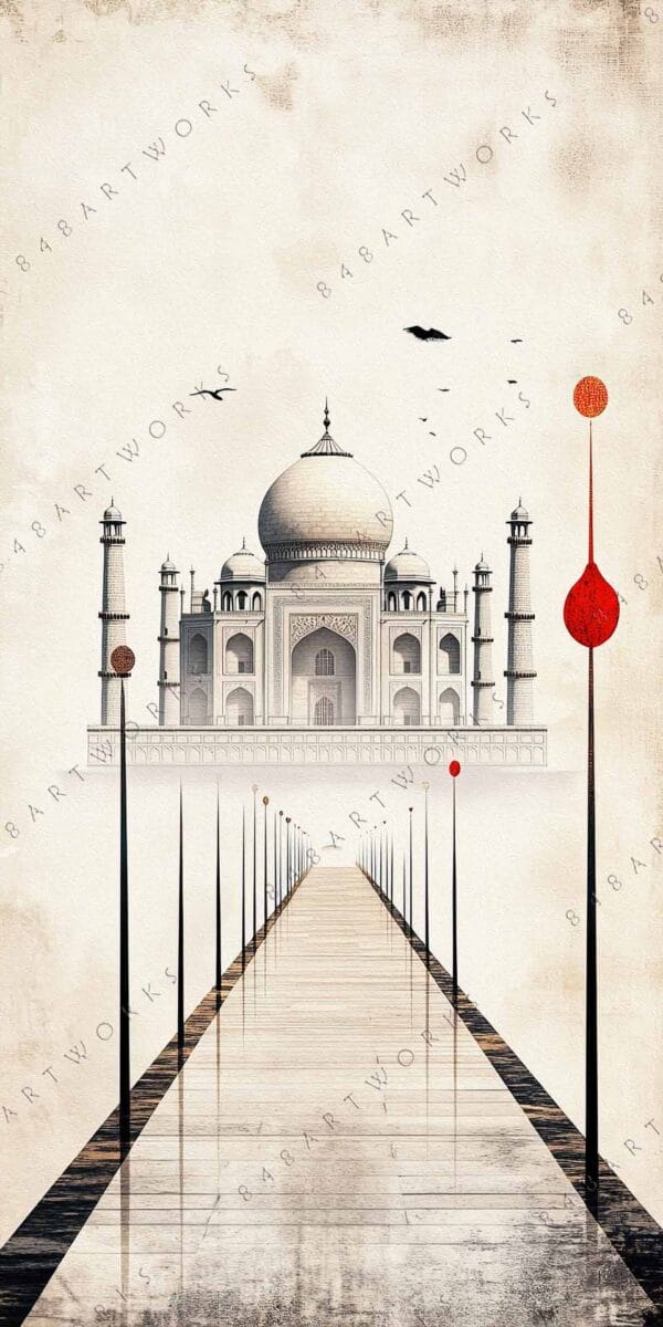 "Digital art of the Taj Mahal with a minimalist style and warm beige tones."