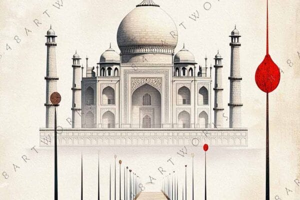 "Digital art of the Taj Mahal with a minimalist style and warm beige tones."