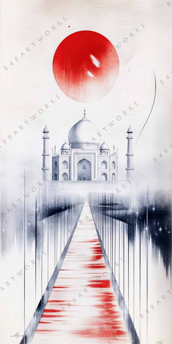 "Surreal digital artwork of Taj Mahal with large red sun and monochrome tones."