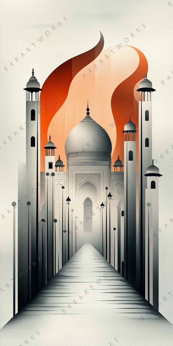 "Digital artwork of Taj Mahal with abstract orange flame design and muted tones."