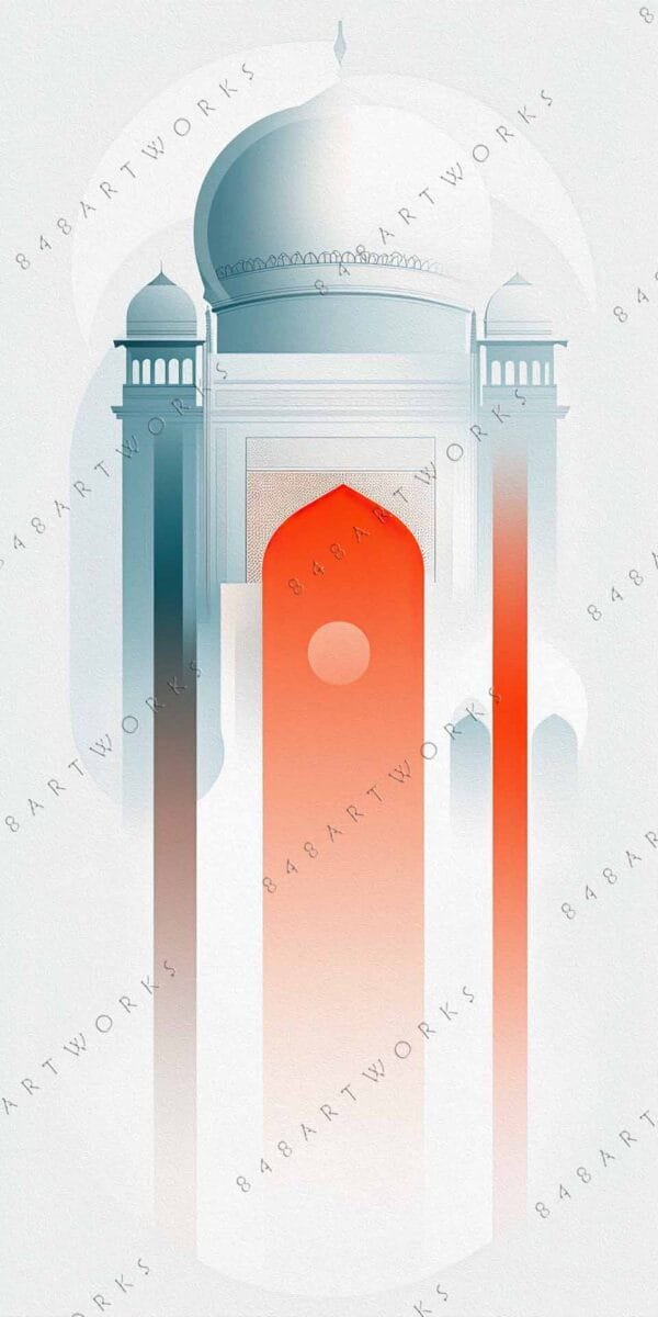 "Abstract digital artwork of a mosque with blue domes and orange gradient arches."