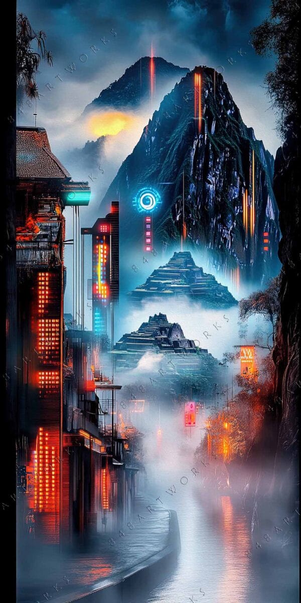 Futuristic digital art of misty mountains and neon-lit cityscape in blue and orange.