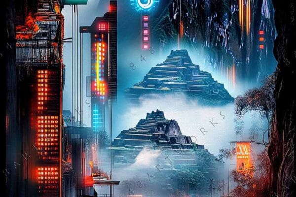 Futuristic digital art of misty mountains and neon-lit cityscape in blue and orange.