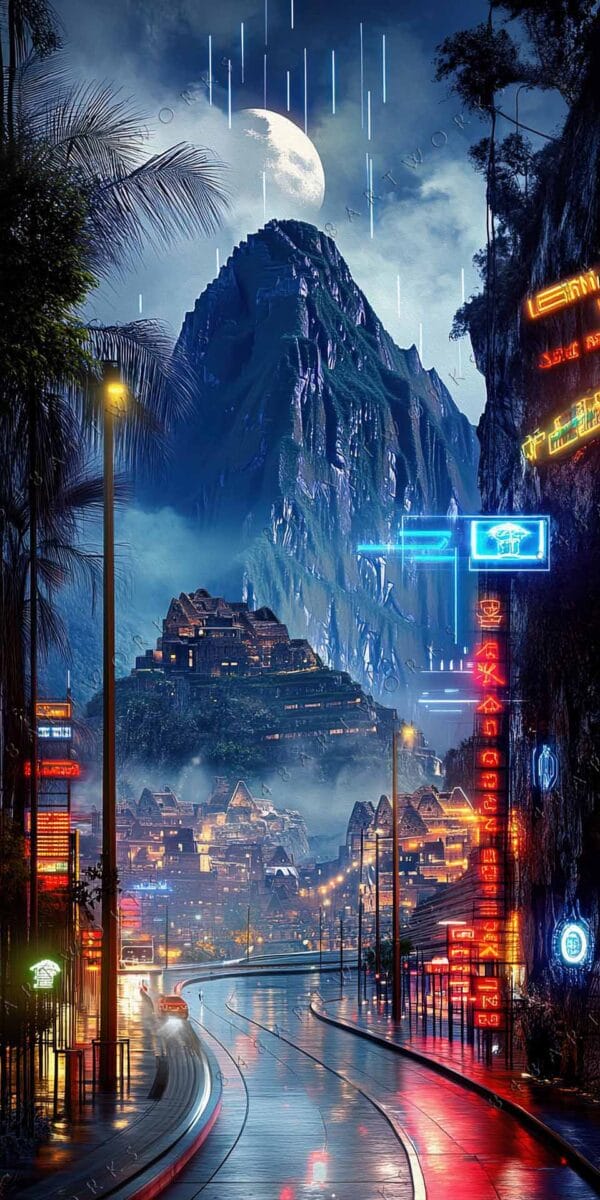 "Futuristic digital art of neon-lit cityscape with mountain and moon in background."