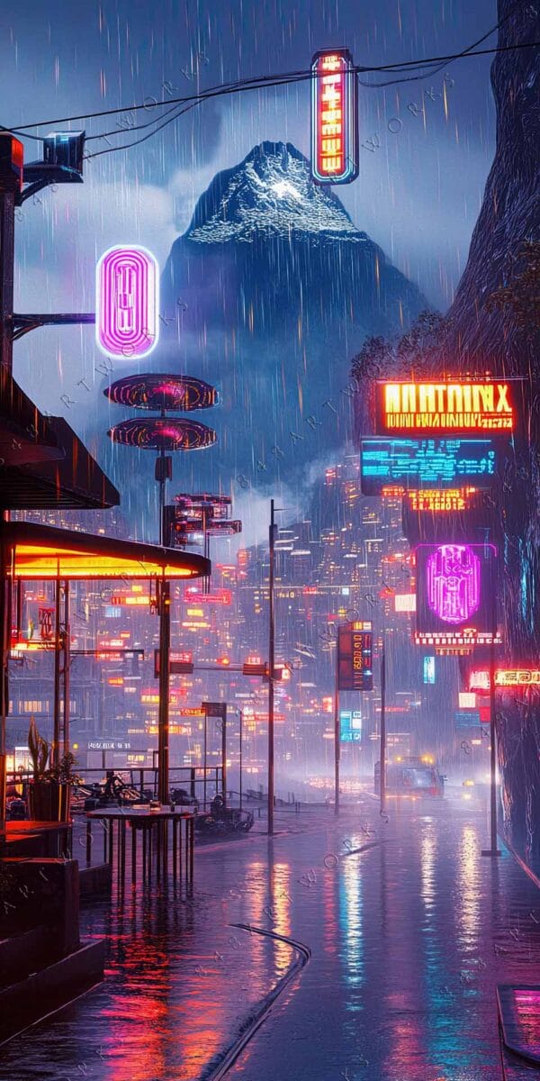 "Cyberpunk digital art of rainy neon-lit city street with a mountain backdrop."