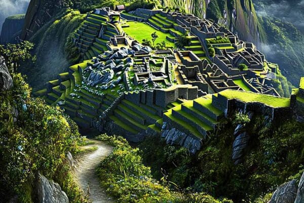 Illustrated landscape of Machu Picchu with mountains, clouds, and soaring birds.