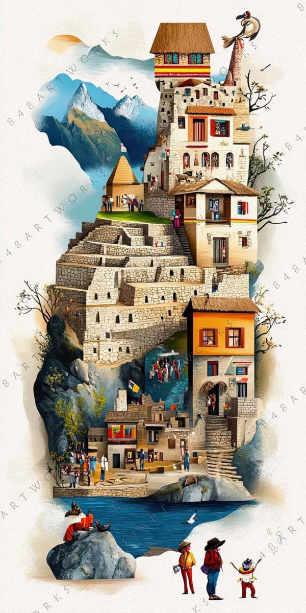 "Colorful digital artwork of whimsical mountain village with stone structures and vibrant clothing."