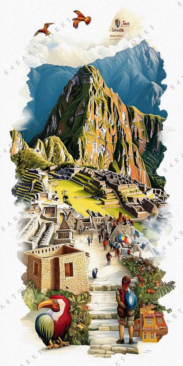 "Colorful digital illustration of Machu Picchu with mountains, birds, and tourists exploring the site."