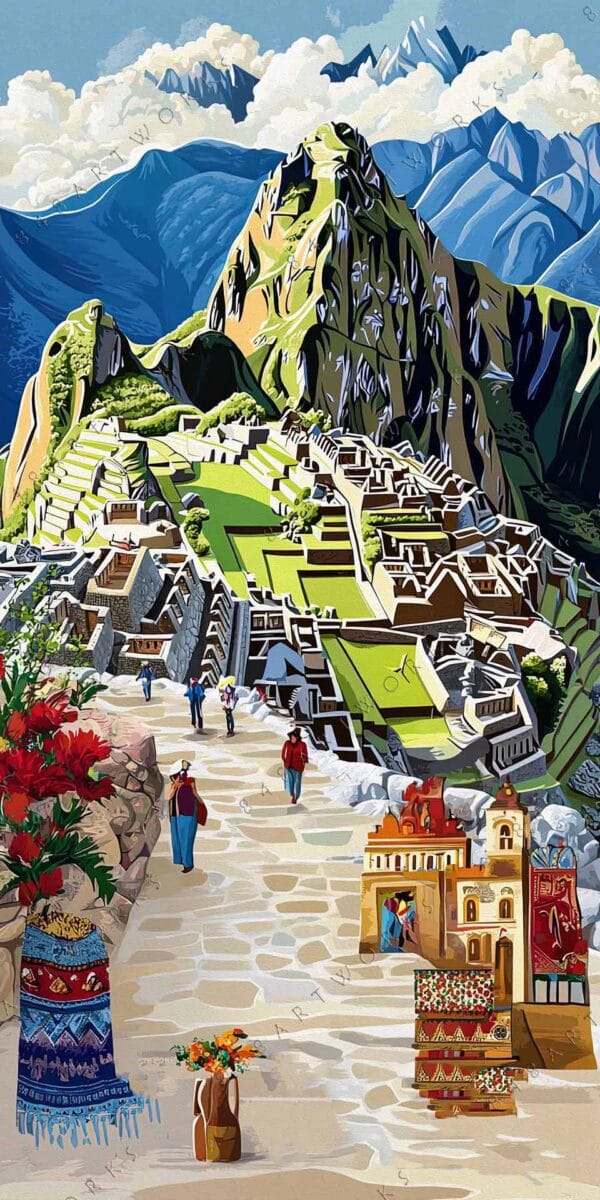 Colorful digital painting of Machu Picchu with explorers and vibrant market scene in foreground.