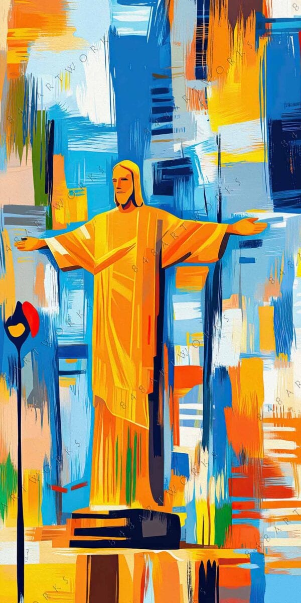 Abstract digital painting of a statue with vibrant blue, orange, and yellow brush strokes.