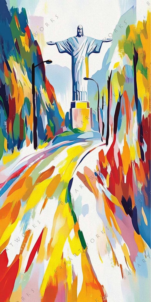 "Abstract digital painting of a colorful landscape with a prominent statue at the center."