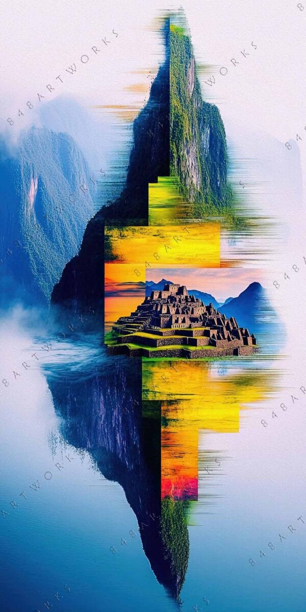 "Digital art of Machu Picchu with mirrored mountains in vibrant yellow and blue tones."