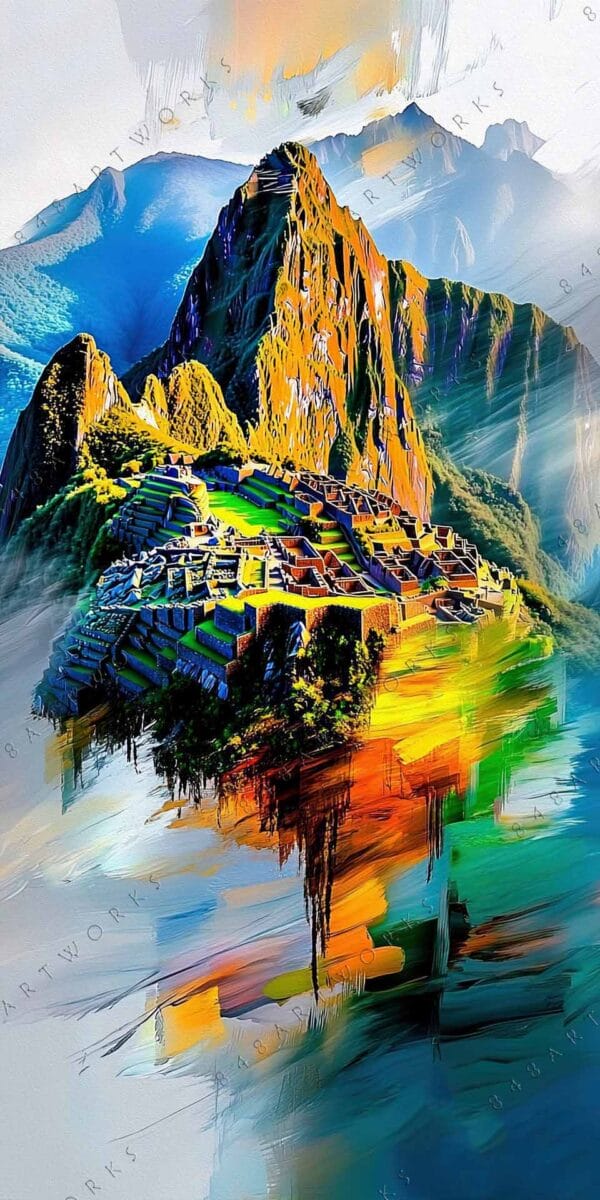 "Colorful digital painting of Machu Picchu with abstract brush strokes and vivid hues."