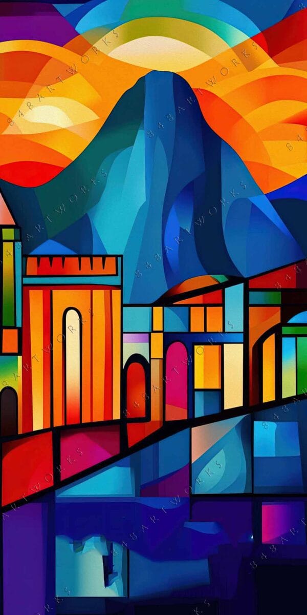 "Colorful abstract digital art with geometric shapes in orange, blue, and red tones."