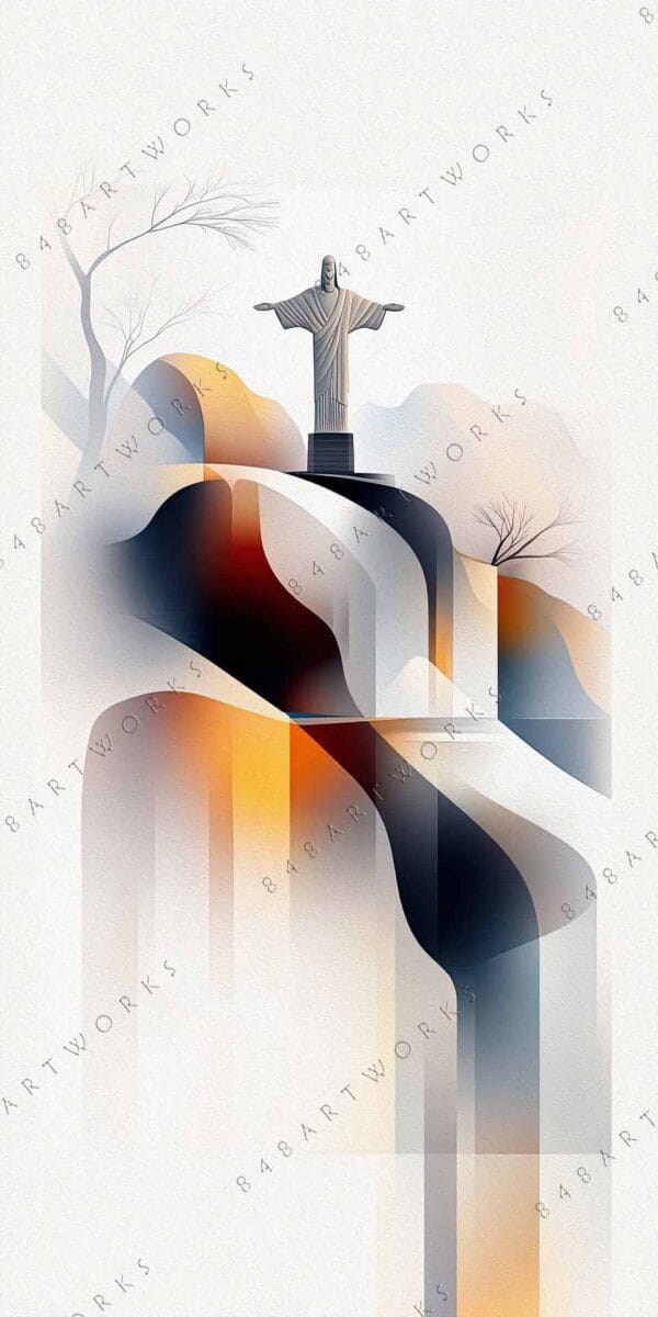 "Digital artwork depicting Christ the Redeemer statue with abstract landscape in orange and gray."