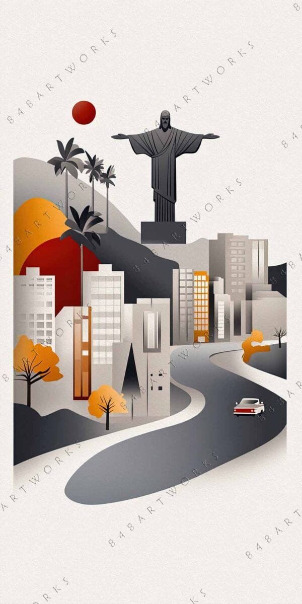"Modern illustration of urban skyline with iconic statue and abstract landscape elements in grayscale."