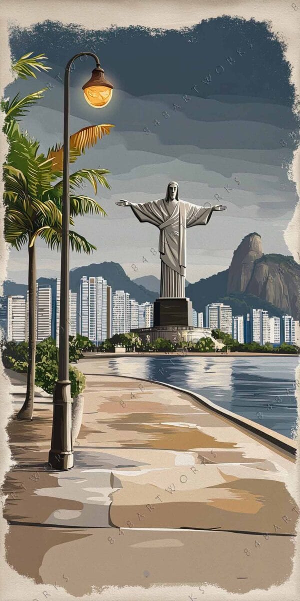 "Digital artwork of a waterfront promenade with a statue and city skyline backdrop."