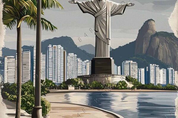 "Digital artwork of a waterfront promenade with a statue and city skyline backdrop."
