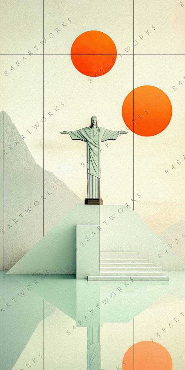 Digital art of a statue on a geometric pedestal with vibrant orange circles.