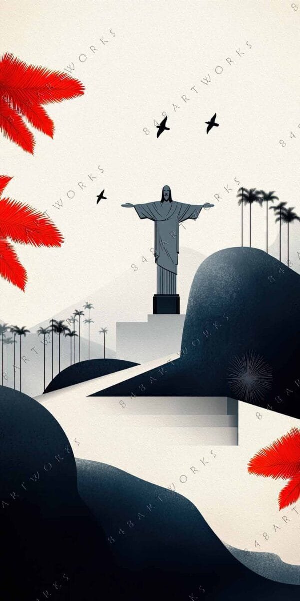 "Stylized digital art of a statue with red leaves and dark hills."