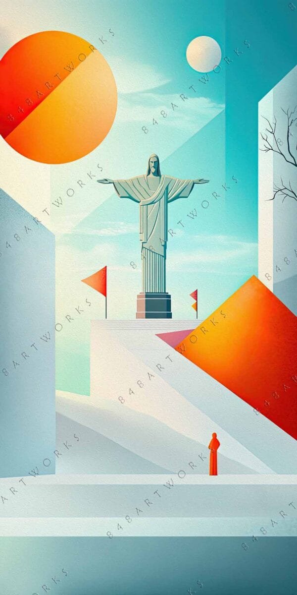 "Surreal digital artwork featuring a large statue with geometric shapes and vibrant colors."