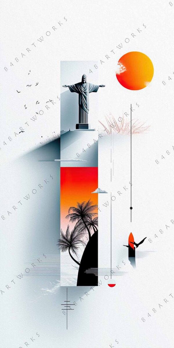 "Modern digital art with statue silhouette, palm trees, and orange gradient sun."