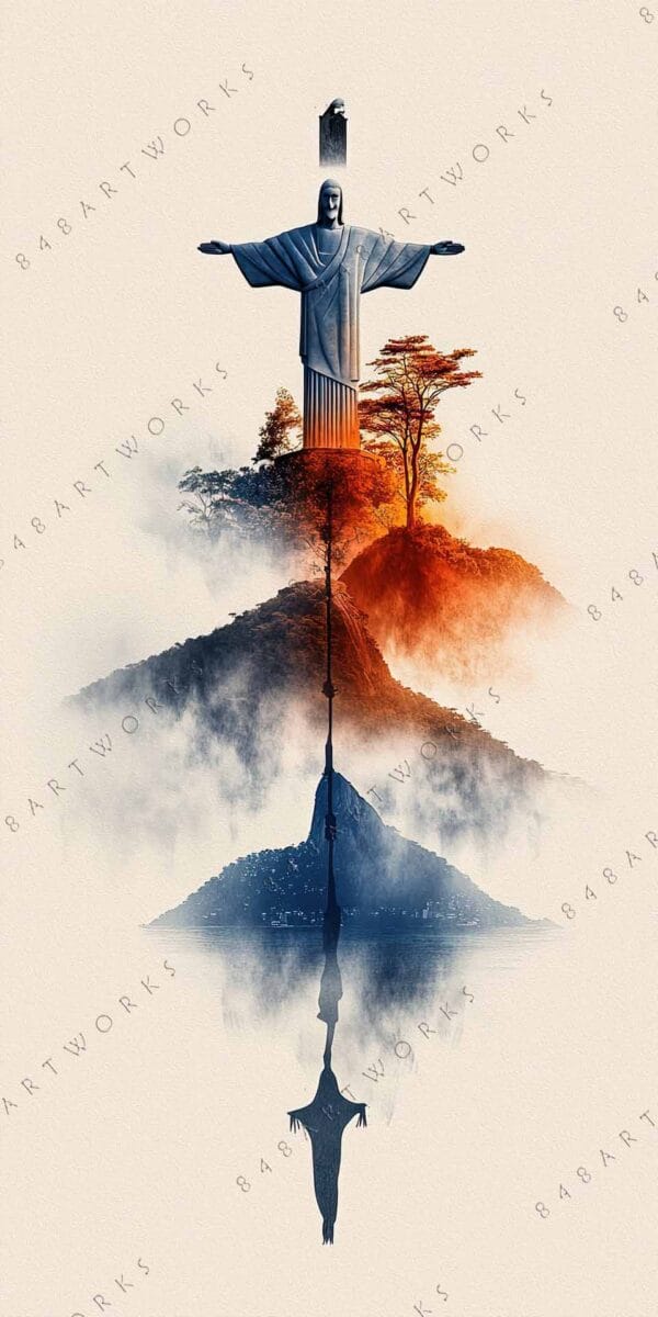 "Digital artwork of a statue on misty mountain with vibrant orange and blue tones."