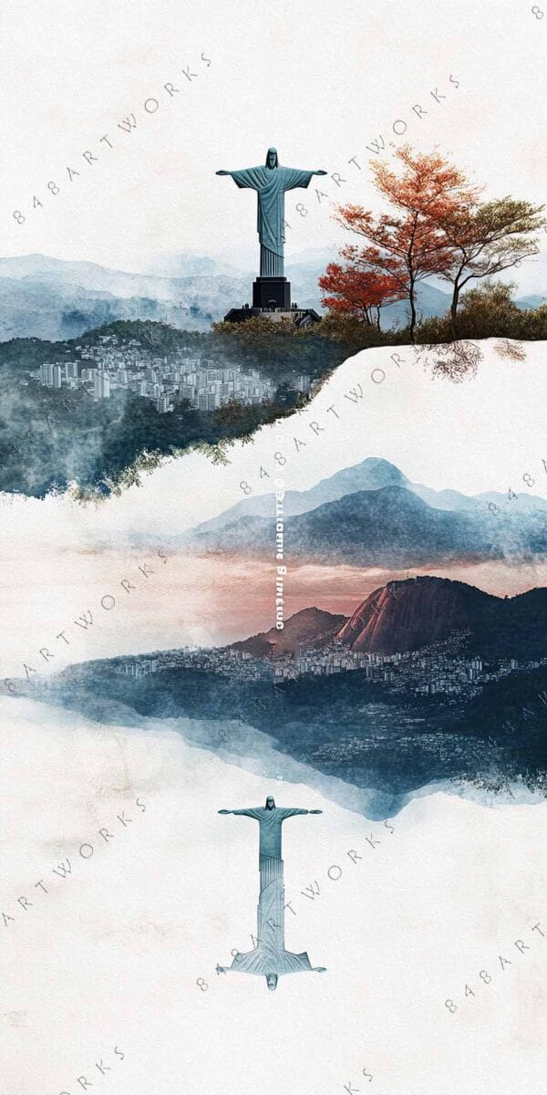 "Digital painting of Christ the Redeemer with autumn tree, mirrored below in pastel tones."
