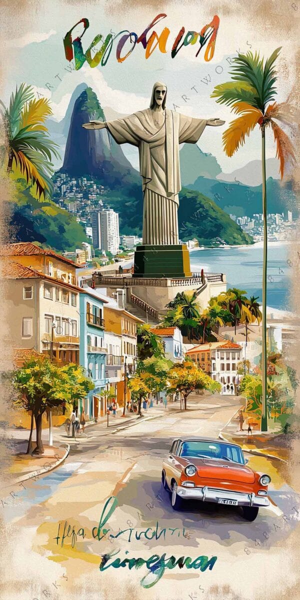 Digital painting of Rio de Janeiro with Christ the Redeemer and colorful buildings.