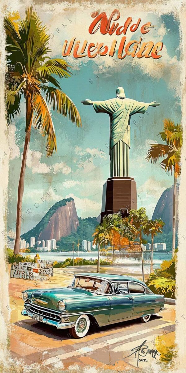 Vintage digital painting of Christ the Redeemer, classic car, and palm trees.